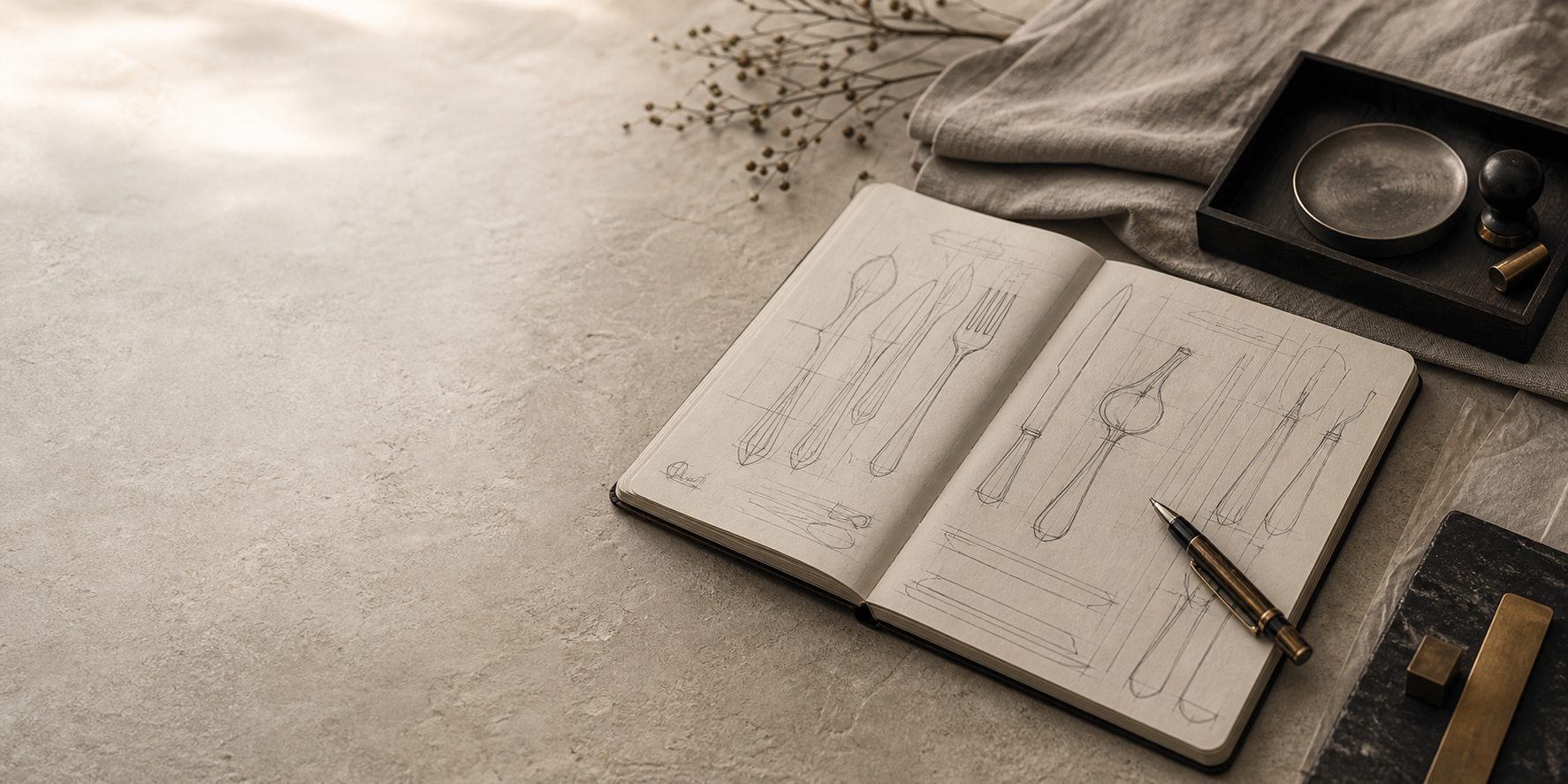 Cutlery sketches in an atelier notebook